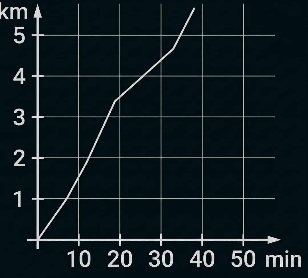 Diagramm mit ansteigender Linie, Kilometer über Minuten dargestellt.